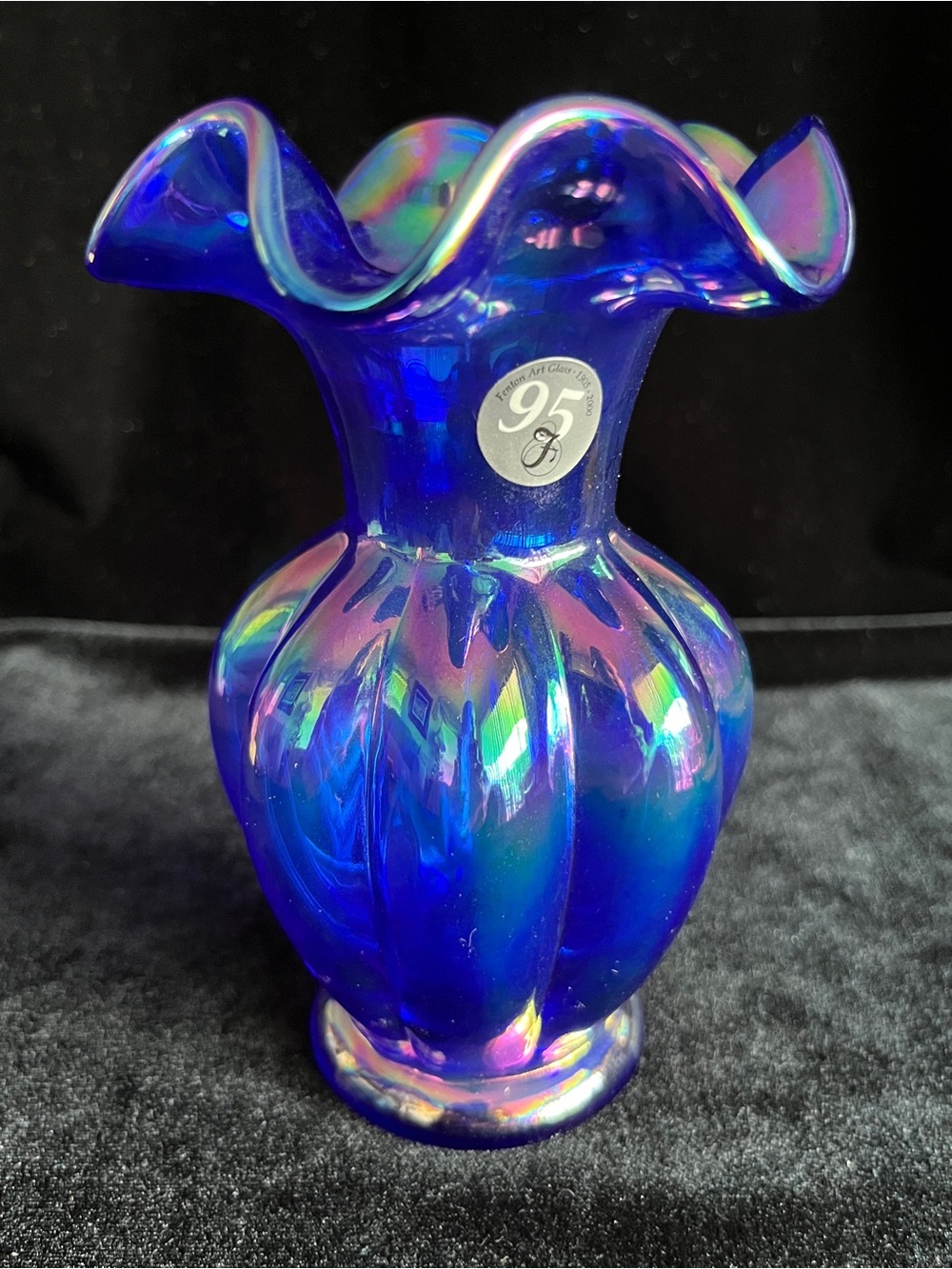Vintage Fenton Iridescent Cobalt Blue Melon Vase Ruffle Crimped Rim 95th Ann